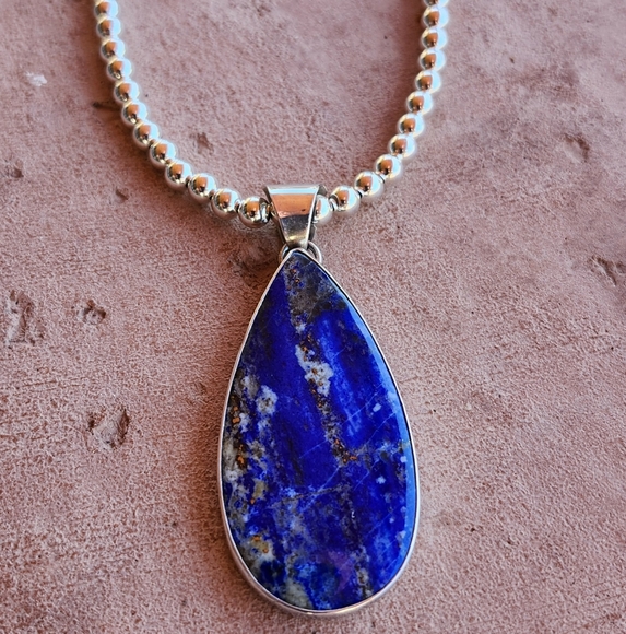 Sterling Silver SIGNED Lapis Pendant, And High Shine Sterling Necklace Set - Picture 9 of 17